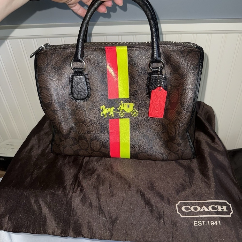 Coach Bennett Heritage Satchel Neon Strips Brown Signature Ltd Ed Top Handle Bag